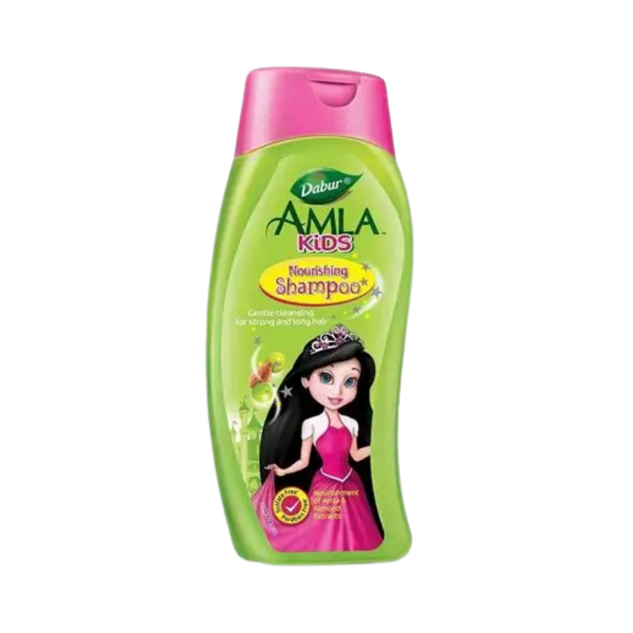 Dabur Amla Kids nourishing shampoo green bottle with pink cap and princess illustration
