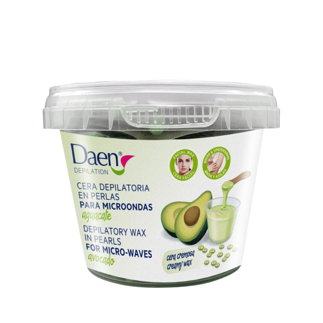 Daen Avocado creamy wax pearls 100g microwave depilatory tub with clear lid and avocado graphics