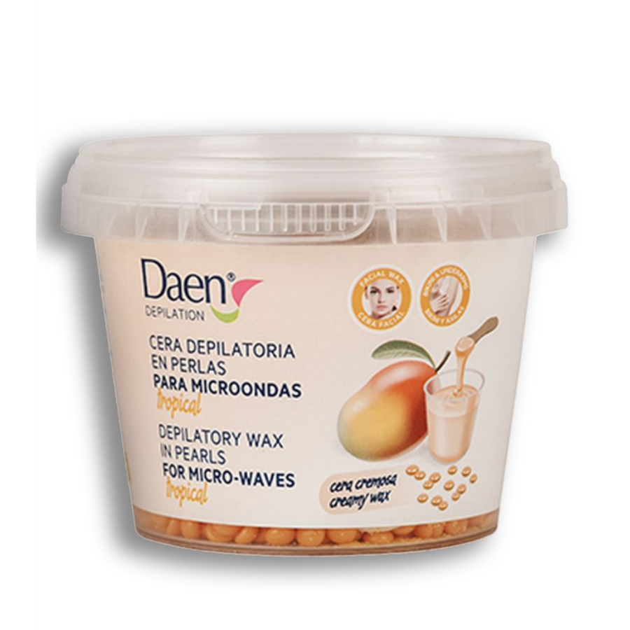 Daen Tropical creamy wax pearls 100g microwave depilatory tub with clear lid and mango graphics