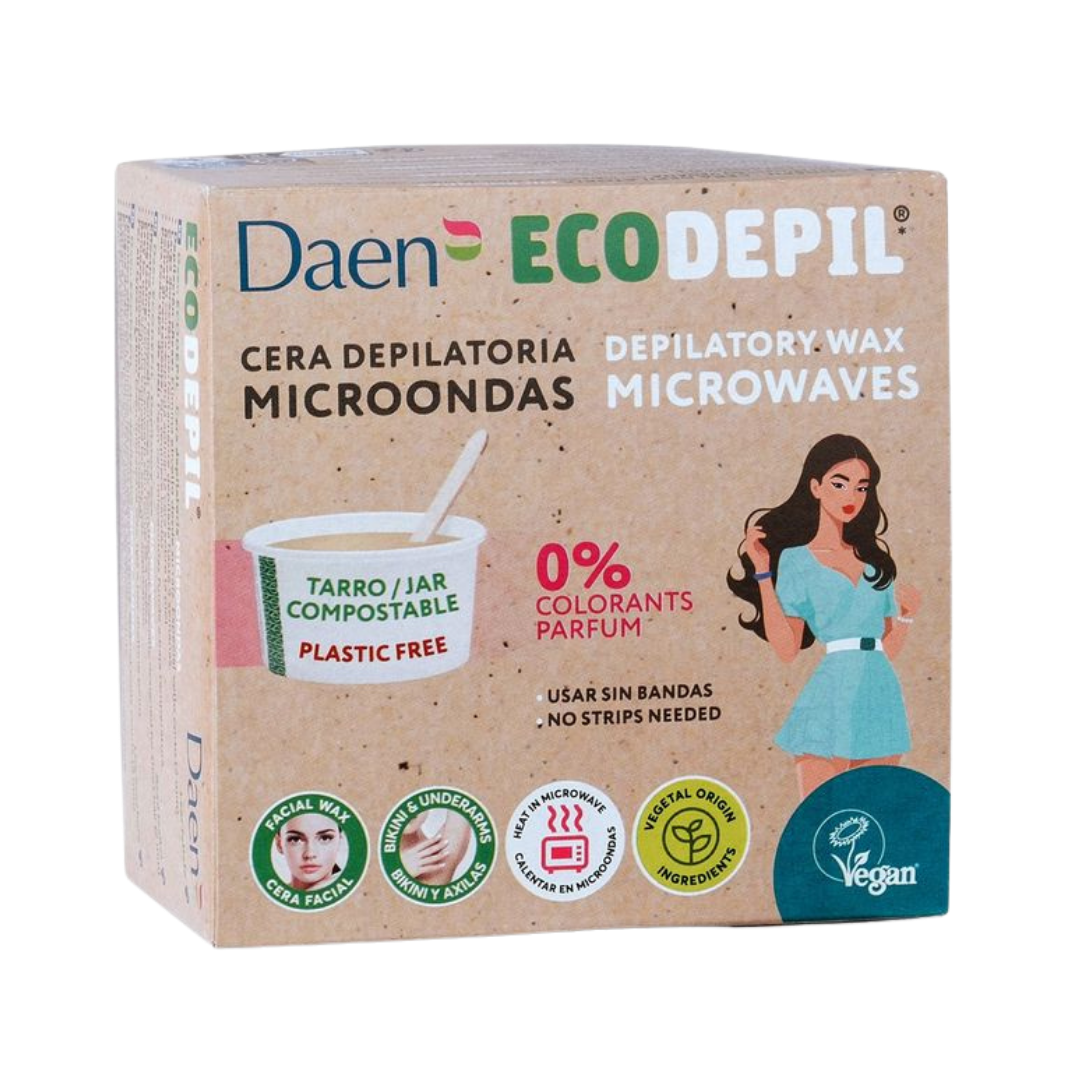 Daen Ecodepil microwavable depilatory wax 100g cardboard box with compostable jar and illustrated woman