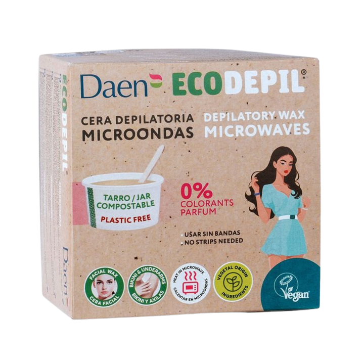 Daen Ecodepil microwavable depilatory wax 100g cardboard box with compostable jar and illustrated woman
