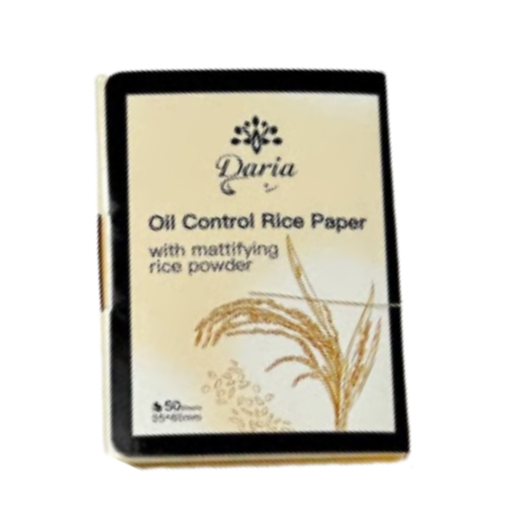 Daria Oil Control Rice Paper, with mattifying rice powder, 50 sheets, packaged in a black and cream-colored box.
