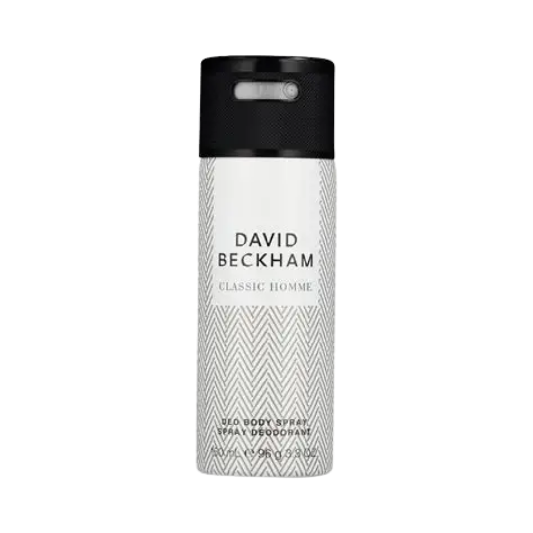 David Beckham Classic Homme deodorant body spray 150ml silver aerosol can with black cap and geometric pattern
