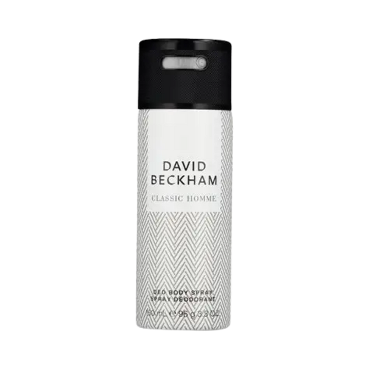 David Beckham Classic Homme deodorant body spray 150ml silver aerosol can with black cap and geometric pattern
