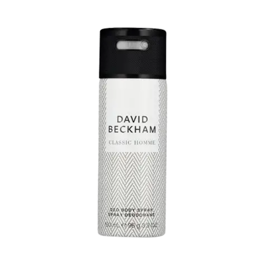 David Beckham Classic Homme deodorant body spray 150ml silver aerosol can with black cap and geometric pattern
