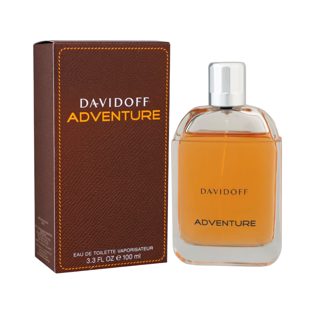 Davidoff Adventure Eau de Toilette 100ml glass bottle with amber liquid and brown box
