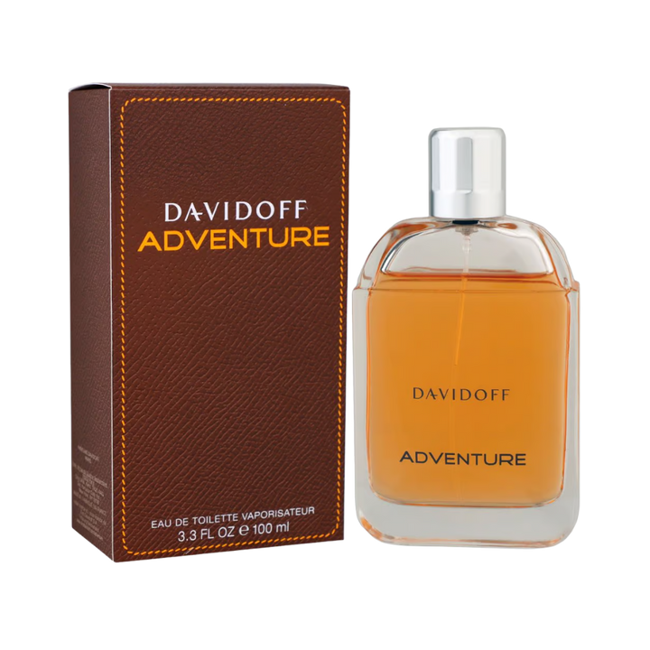 Davidoff Adventure Eau de Toilette 100ml glass bottle with amber liquid and brown box
