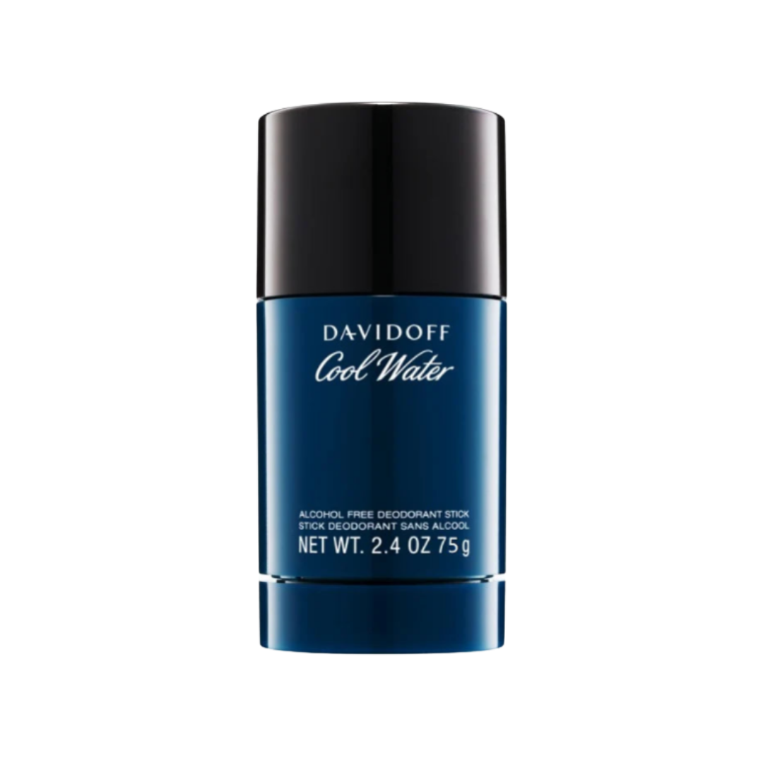 Davidoff Cool Water alcohol-free deodorant stick 75g, dark blue cylindrical container with black cap and white lettering.