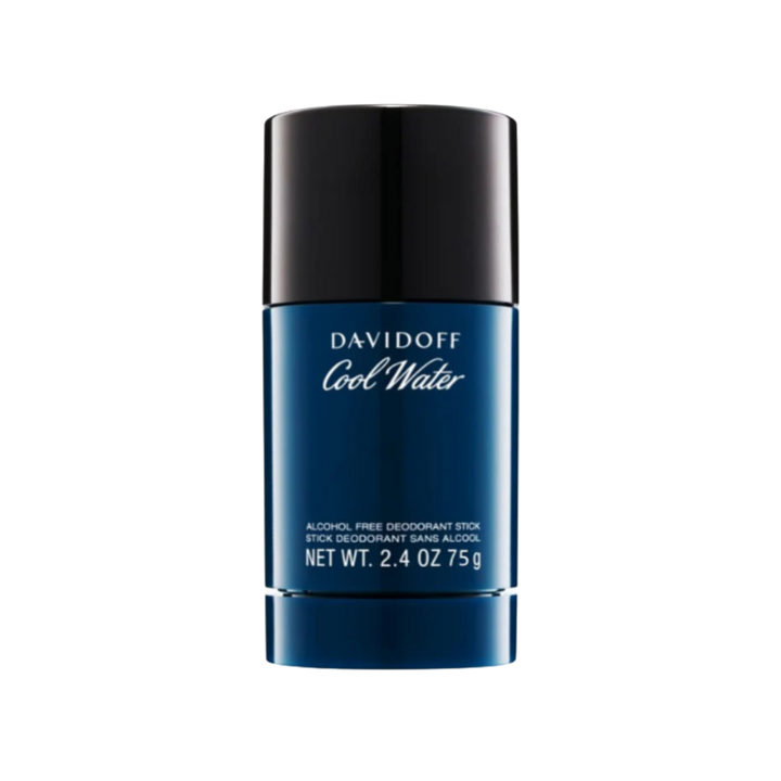 Davidoff Cool Water alcohol-free deodorant stick 75g, dark blue cylindrical container with black cap and white lettering.