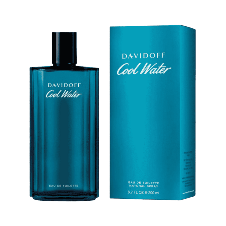 Davidoff Cool Water Eau de Toilette, 200ml, blue glass bottle with black cap and matching box.
