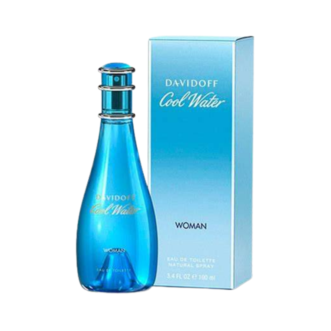 Davidoff Cool Water Woman Eau de Toilette, 100ml, blue glass bottle with a silver cap, in a matching blue box.
