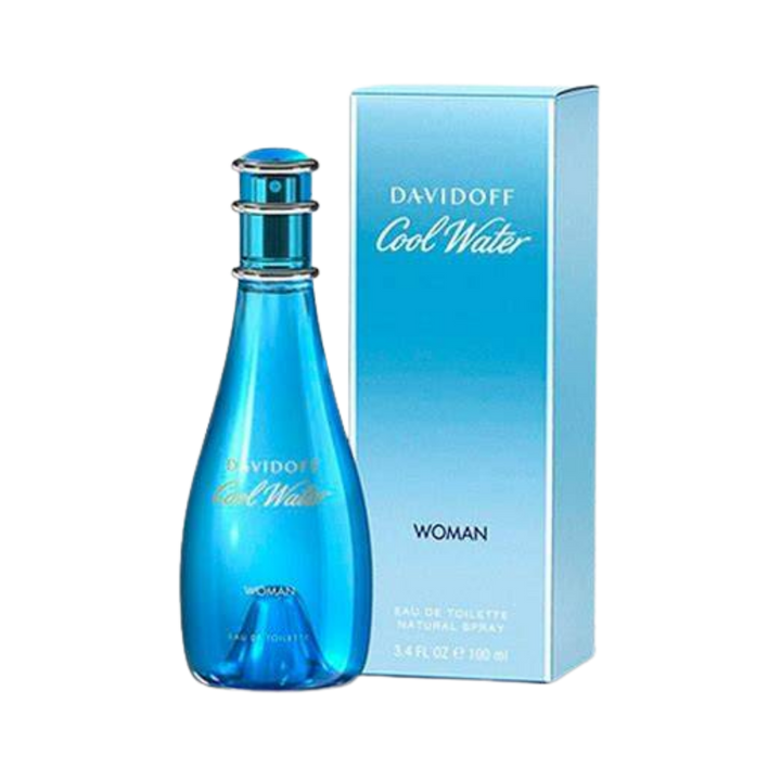 Davidoff Cool Water Woman Eau de Toilette, 100ml, blue glass bottle with a silver cap, in a matching blue box.
