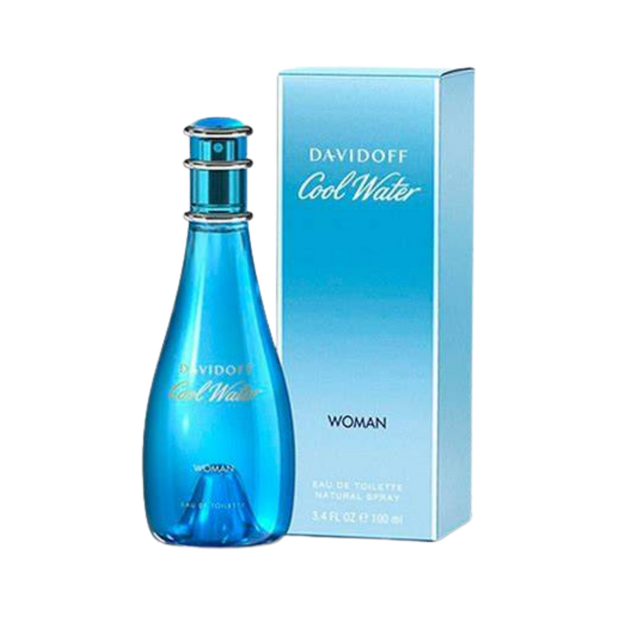 Davidoff Cool Water Woman Eau de Toilette, 100ml, blue glass bottle with a silver cap, in a matching blue box.
