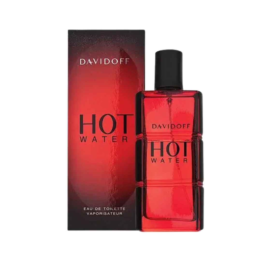 Davidoff Hot Water Eau de Toilette, 100ml, red rectangular bottle with black cap, in a matching red box.
