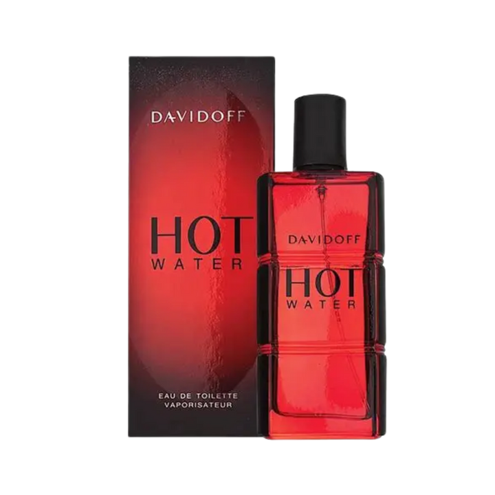 Davidoff Hot Water Eau de Toilette, 100ml, red rectangular bottle with black cap, in a matching red box.
