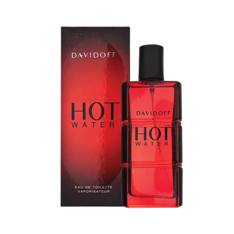 Davidoff Hot Water Eau de Toilette, 100ml, red rectangular bottle with black cap, in a matching red box.
