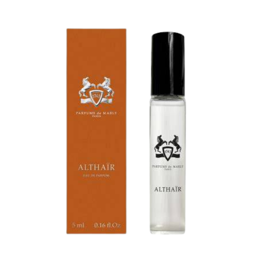 Parfums de Marly Althair Eau de Parfum, 5ml, clear glass vial with black cap, in an orange box.
