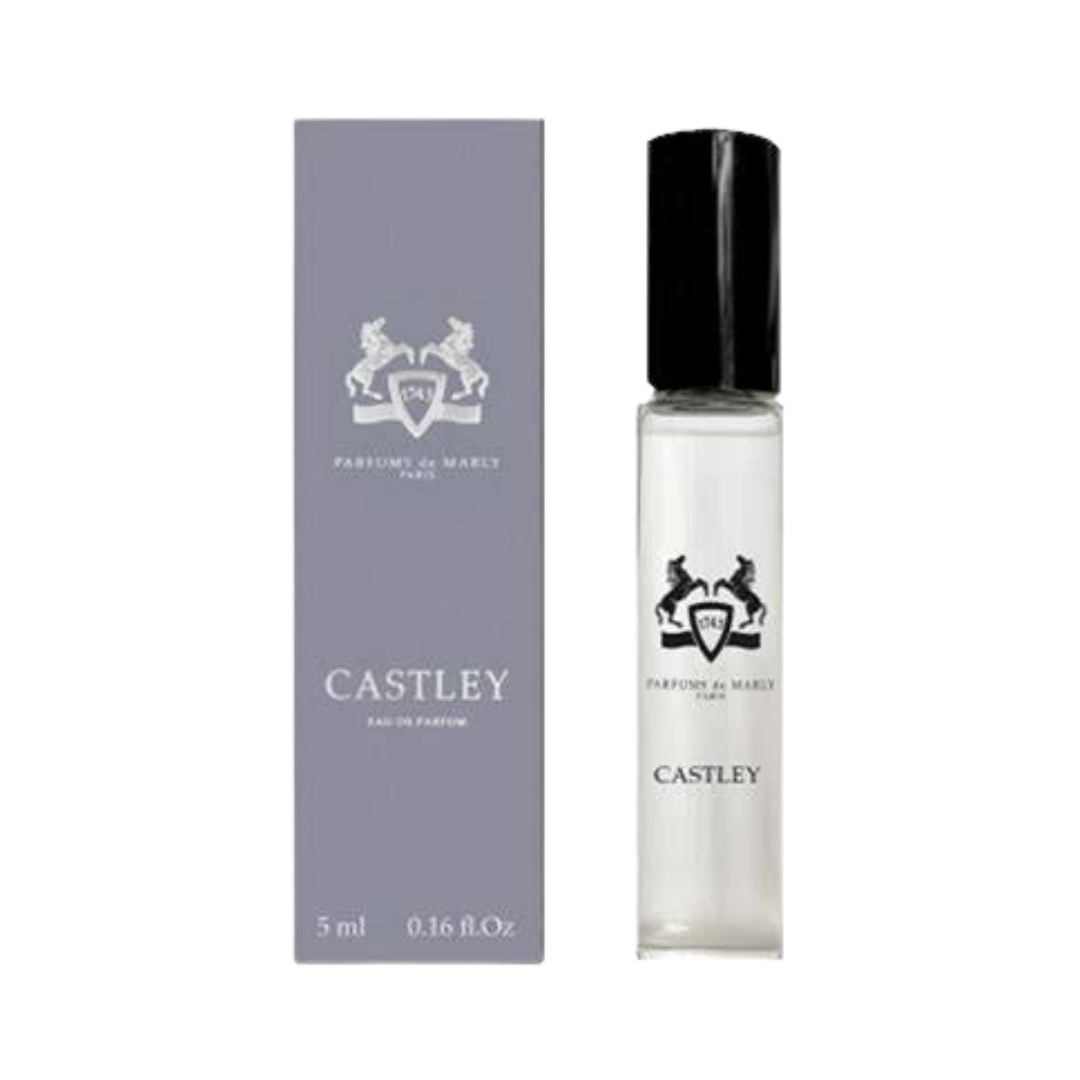 Parfums de Marly Castley Eau de Parfum, 5ml, clear glass vial with black cap, in a grey box.
