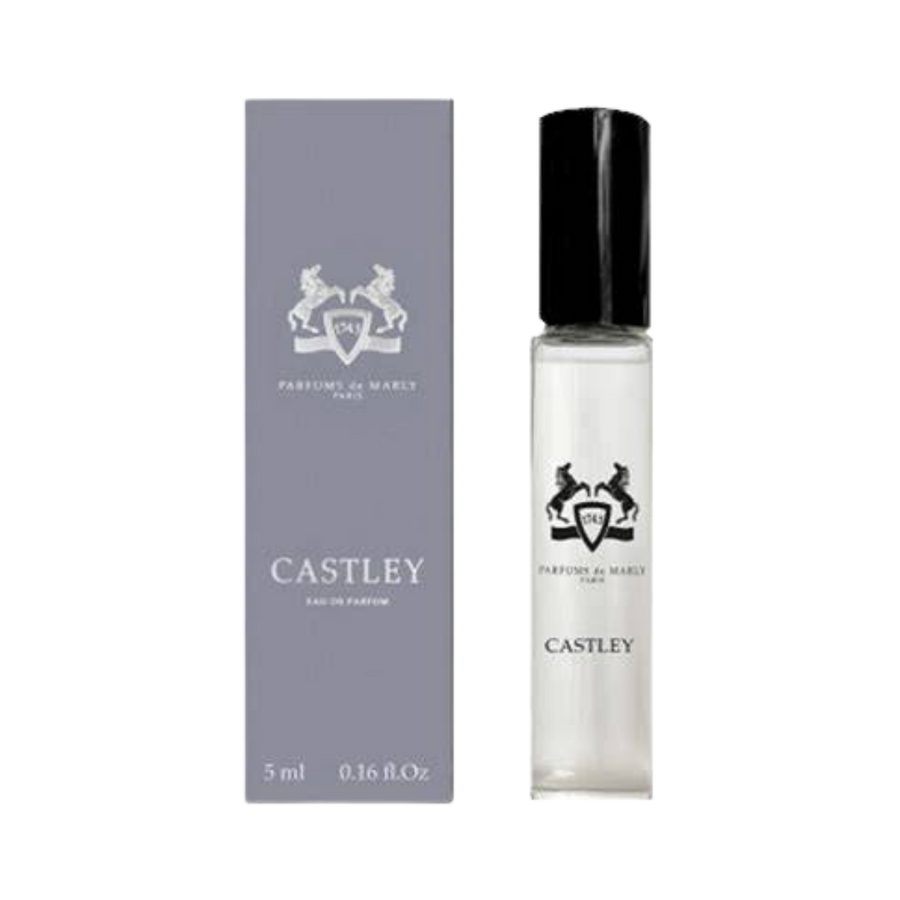 Parfums de Marly Castley Eau de Parfum, 5ml, clear glass vial with black cap, in a grey box.
