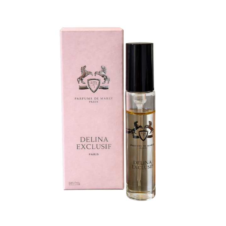 Parfums de Marly Delina Exclusif Eau de Parfum, 1.5ml, clear glass vial with black cap, in a pink box.

