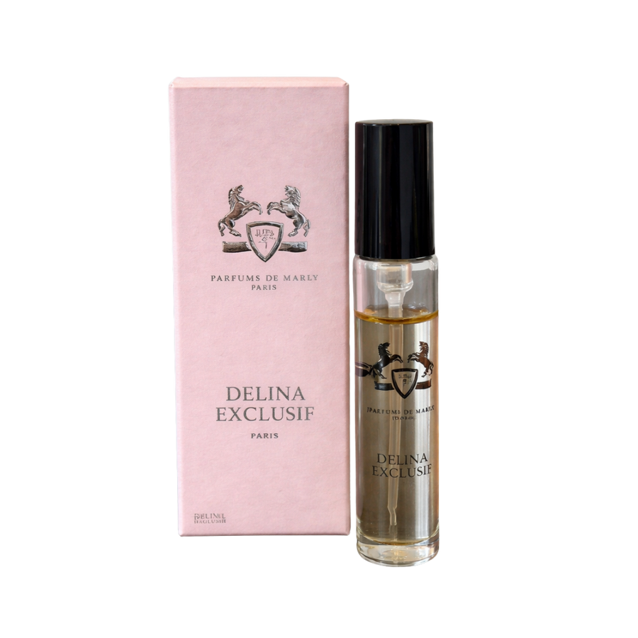 Parfums de Marly Delina Exclusif Eau de Parfum, 1.5ml, clear glass vial with black cap, in a pink box.
