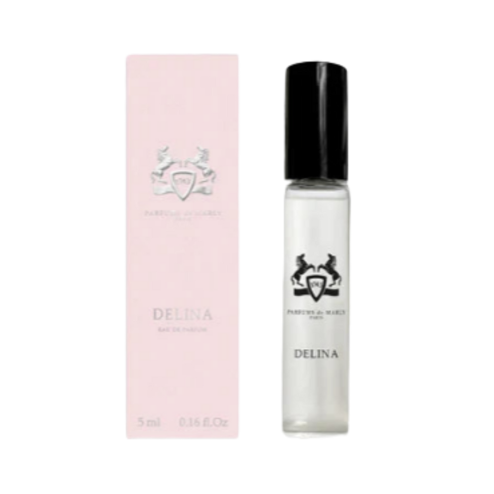 Parfums de Marly Delina Eau de Parfum, 5ml, clear glass vial with black cap, in a pink box.
