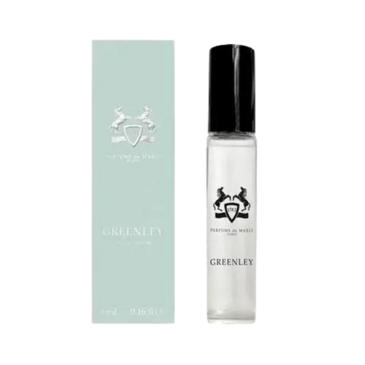 Parfums de Marly Greenley Eau de Parfum, 5ml, clear glass vial with black cap, in a light green box.
