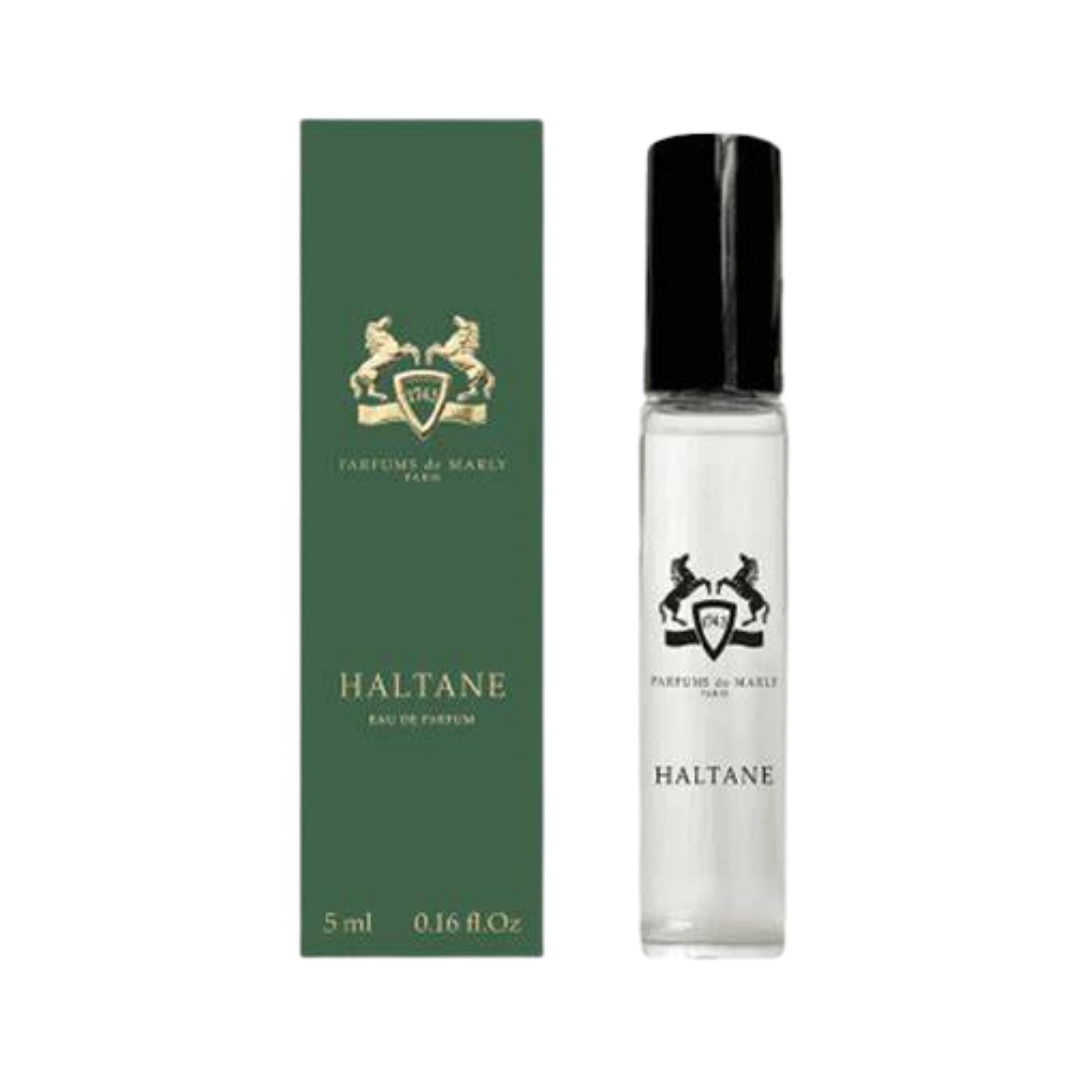 Parfums de Marly Haltane Eau de Parfum, 5ml, clear glass vial with black cap, in a green box.
