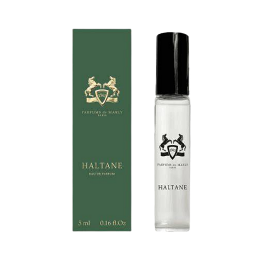 Parfums de Marly Haltane Eau de Parfum, 5ml, clear glass vial with black cap, in a green box.
