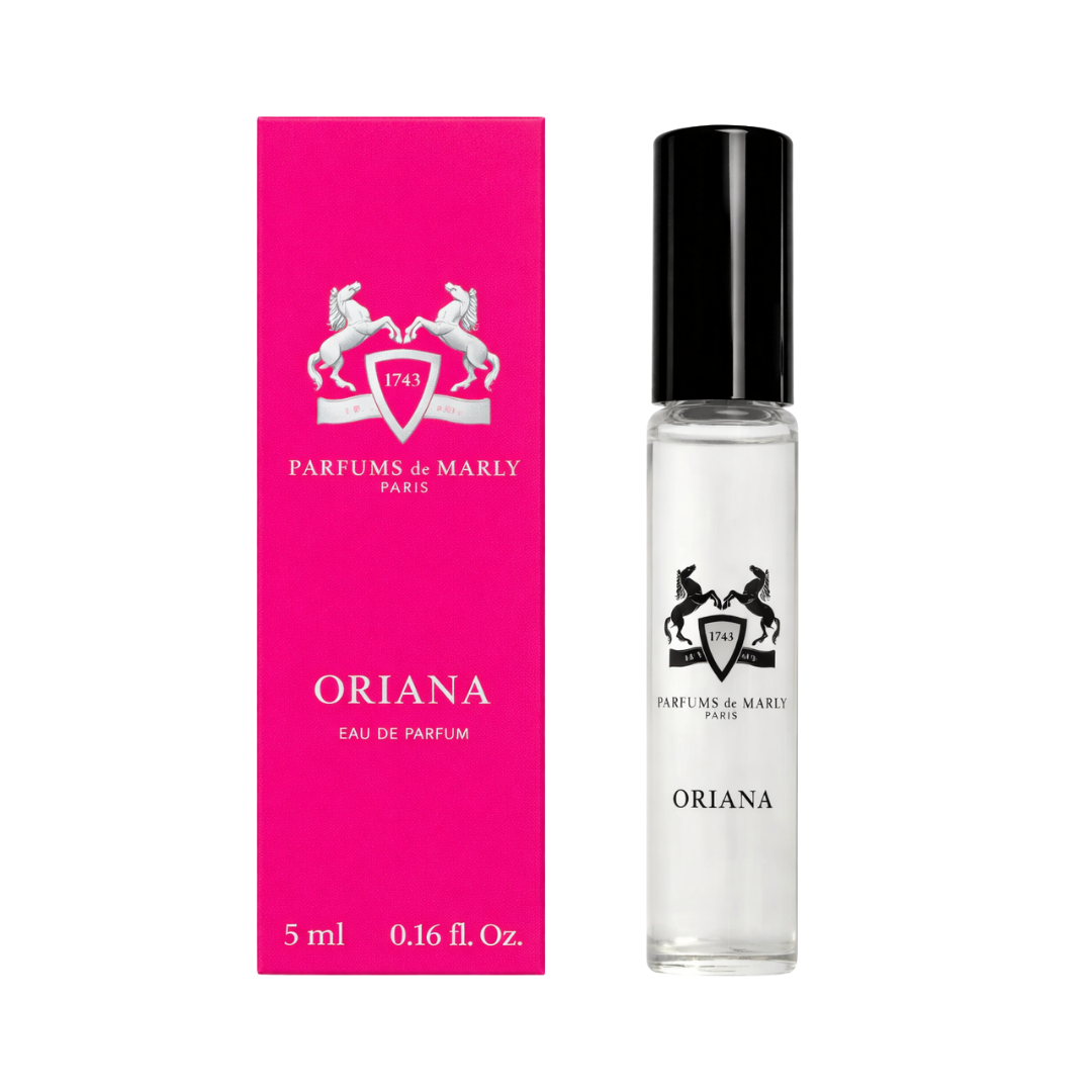 Parfums de Marly Oriana Eau de Parfum, 5ml, clear glass vial with black cap, in a pink box.
