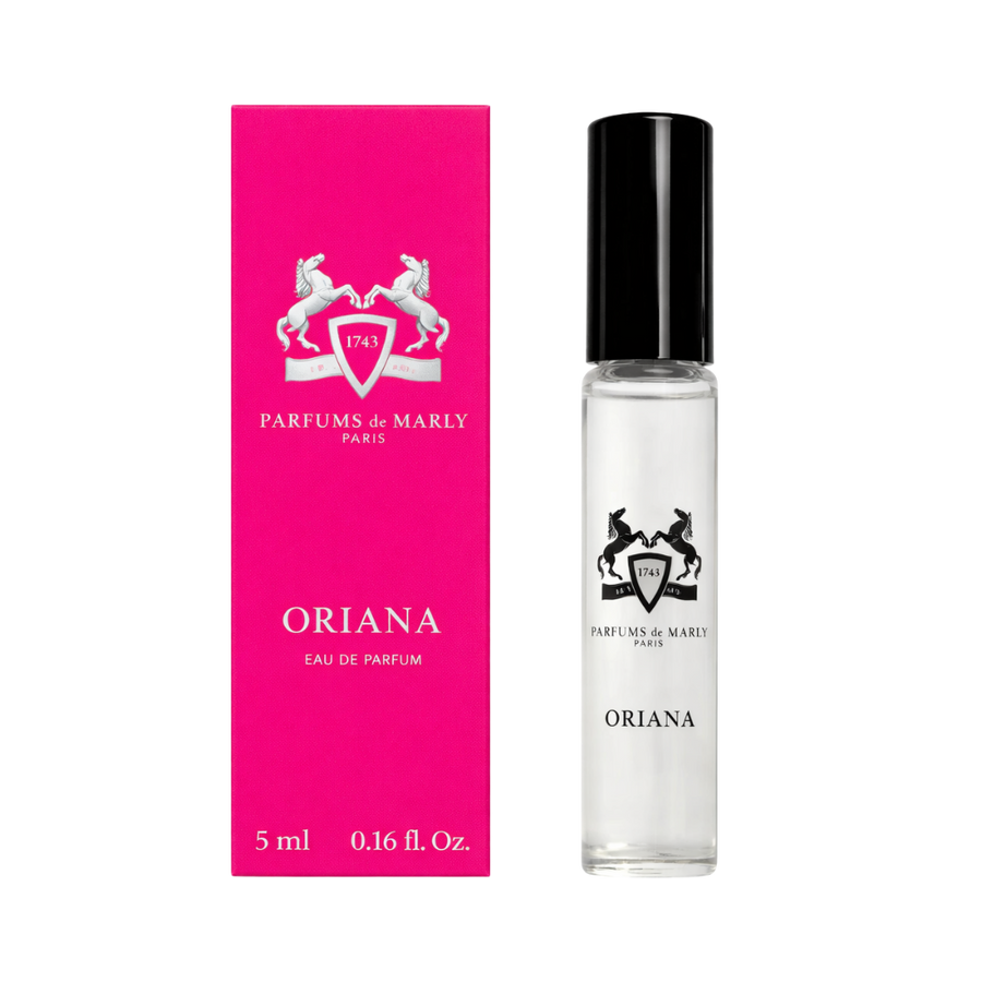 Parfums de Marly Oriana Eau de Parfum, 5ml, clear glass vial with black cap, in a pink box.
