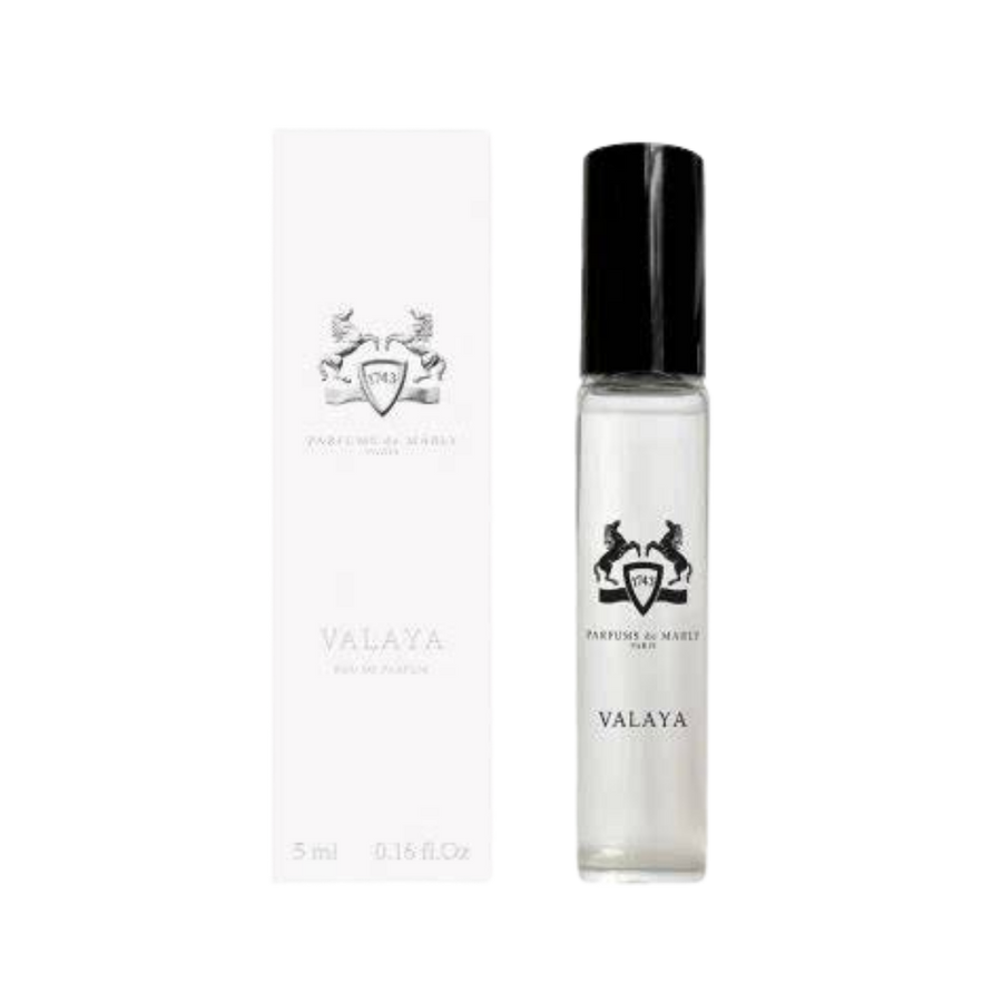 Parfums de Marly Valaya Eau de Parfum, 5ml, clear glass vial with black cap, in a white box.
