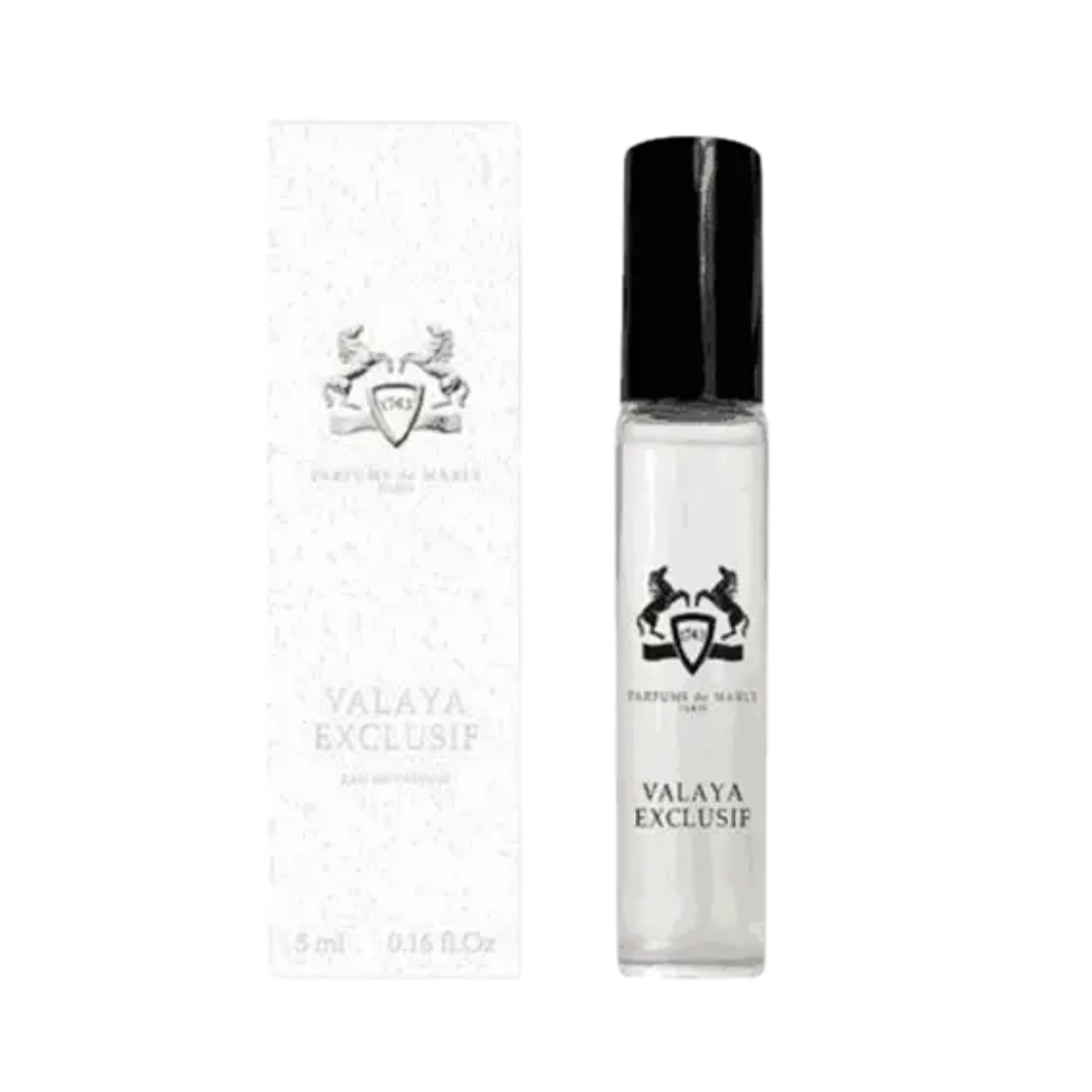 Parfums de Marly Valaya Exclusif Eau de Parfum, 5ml, clear glass vial with black cap, in a white box.
