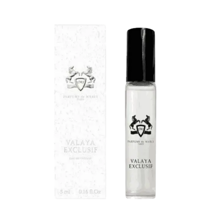 Parfums de Marly Valaya Exclusif Eau de Parfum, 5ml, clear glass vial with black cap, in a white box.

