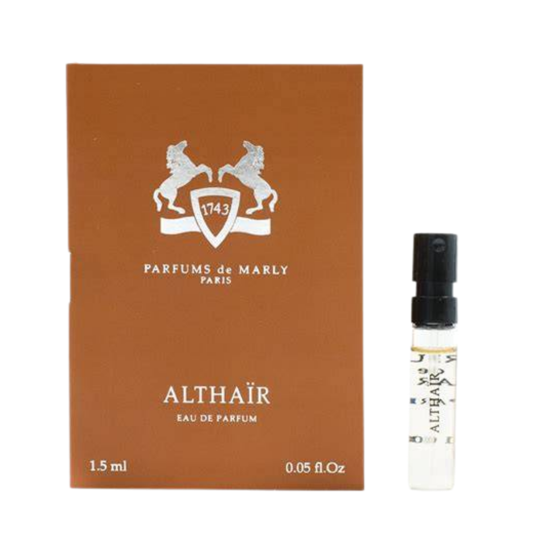 Parfums de Marly Althair Eau de Parfum, 1.5ml, clear glass vial with black cap, in an orange box.
