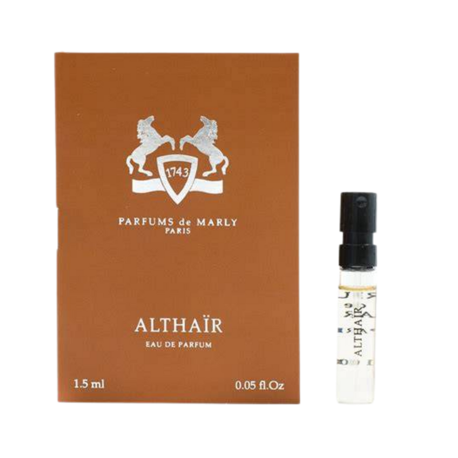 Parfums de Marly Althair Eau de Parfum, 1.5ml, clear glass vial with black cap, in an orange box.
