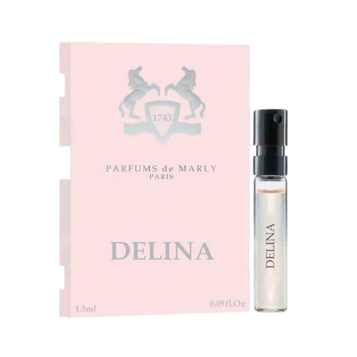 Parfums de Marly Delina Eau de Parfum, 1.5ml, clear glass vial with black cap, in a pink box.
