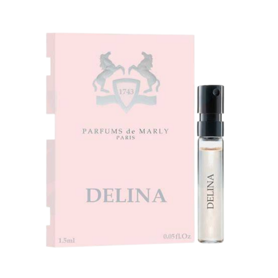 Parfums de Marly Delina Eau de Parfum, 1.5ml, clear glass vial with black cap, in a pink box.
