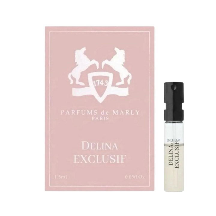 Parfums de Marly Delina Exclusif Eau de Parfum, 1.5ml, clear glass vial with black cap, in a pink box.
