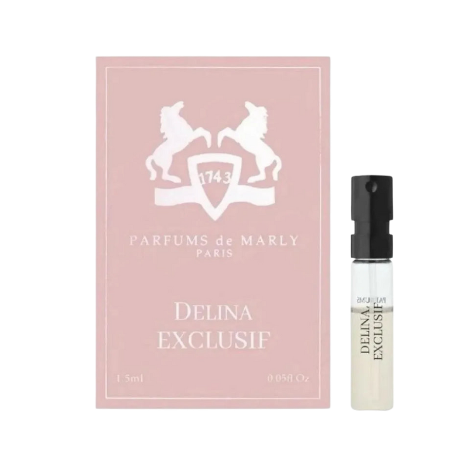 Parfums de Marly Delina Exclusif Eau de Parfum, 1.5ml, clear glass vial with black cap, in a pink box.
