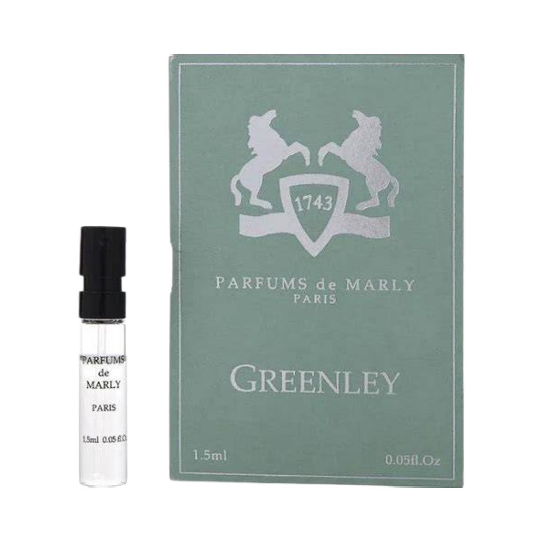 Parfums de Marly Greenley Eau de Parfum, 1.5ml, clear glass vial with black cap, in a green box.
