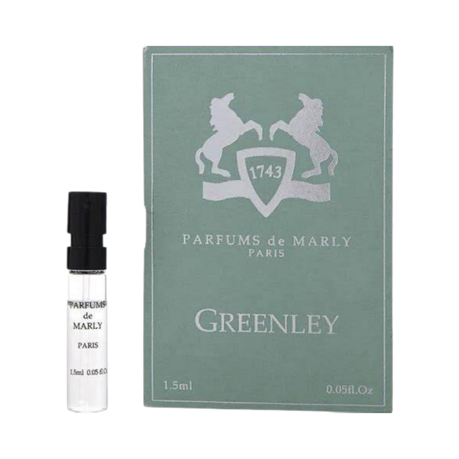 Parfums de Marly Greenley Eau de Parfum, 1.5ml, clear glass vial with black cap, in a green box.
