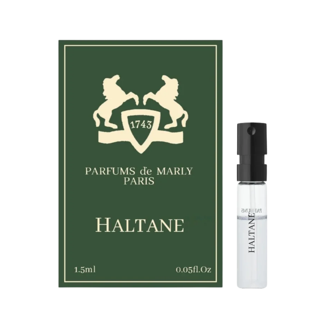 Parfums de Marly Haltane Eau de Parfum, 1.5ml, clear glass vial with black cap, in a green box.
