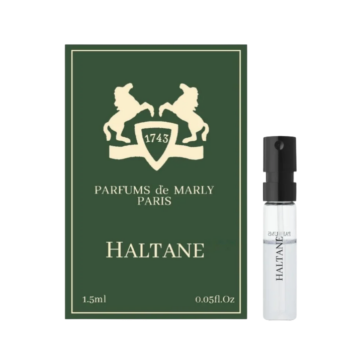 Parfums de Marly Haltane Eau de Parfum, 1.5ml, clear glass vial with black cap, in a green box.
