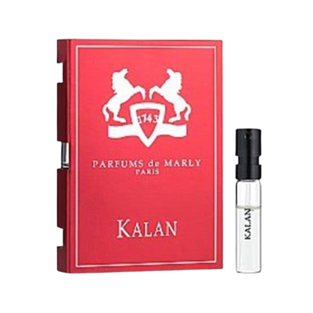 Parfums de Marly Kalan Eau de Parfum, 1.5ml, clear glass vial with black cap, in a red box.
