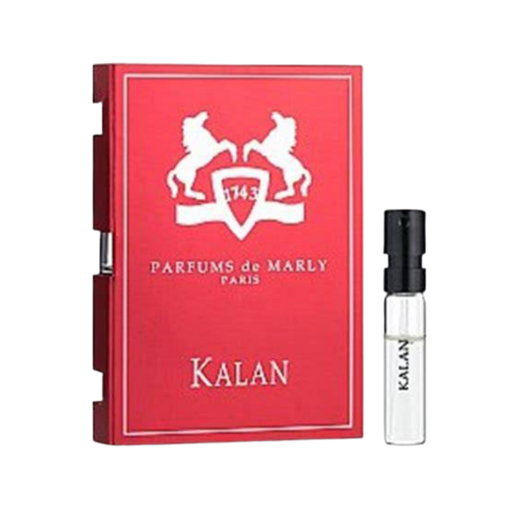 Parfums de Marly Kalan Eau de Parfum, 1.5ml, clear glass vial with black cap, in a red box.
