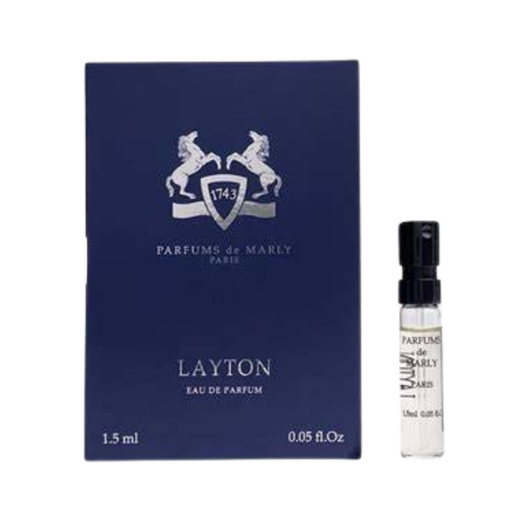 Parfums de Marly Layton Eau de Parfum, 1.5ml, clear glass vial with black cap, in a blue box.
