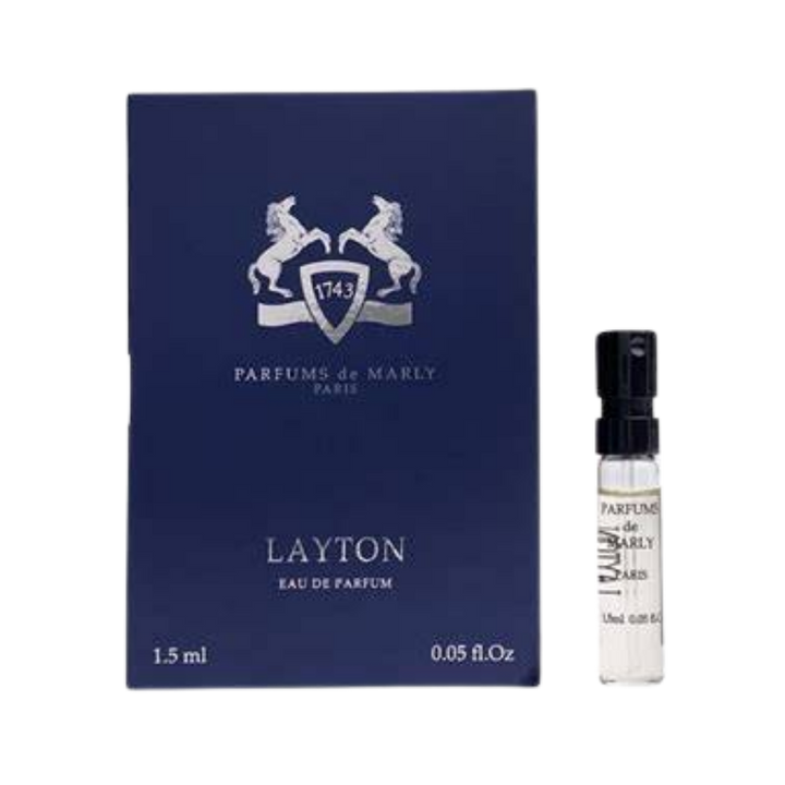 Parfums de Marly Layton Eau de Parfum, 1.5ml, clear glass vial with black cap, in a blue box.
