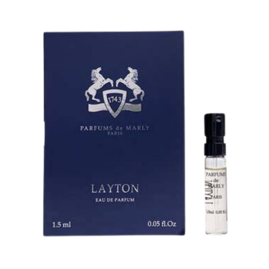 Parfums de Marly Layton Eau de Parfum, 1.5ml, clear glass vial with black cap, in a blue box.
