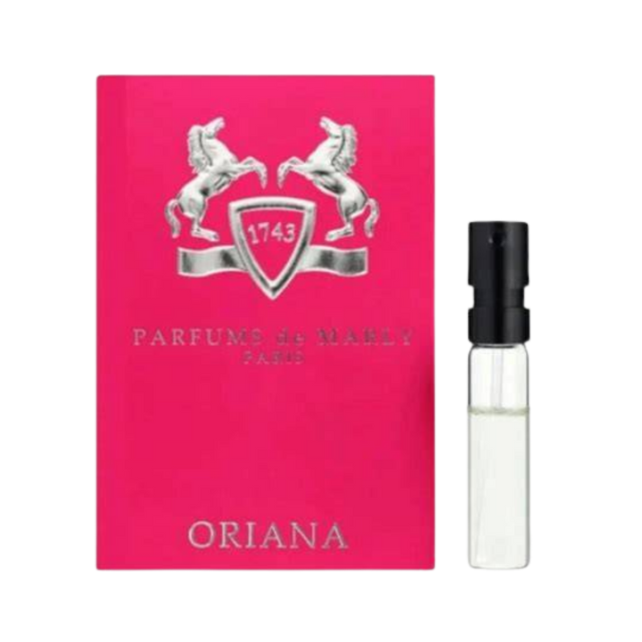 Parfums de Marly Oriana Eau de Parfum, 1.5ml, clear glass vial with black cap, in a pink box.
